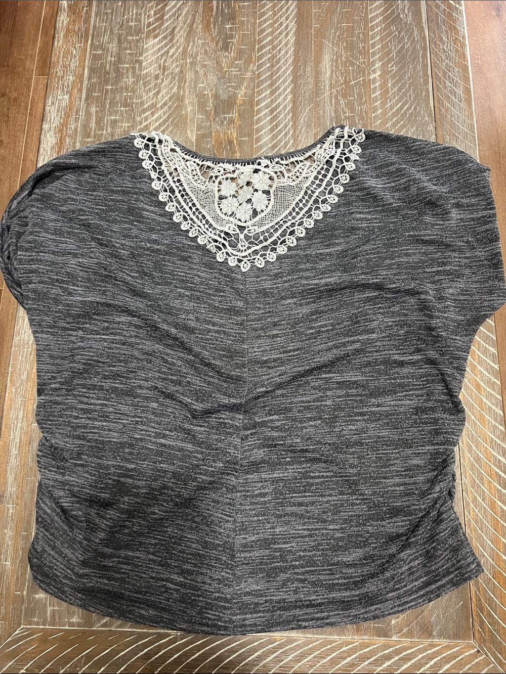 Extra Touch Gray Heather Short Sleeve Tee with Lace Back Accent